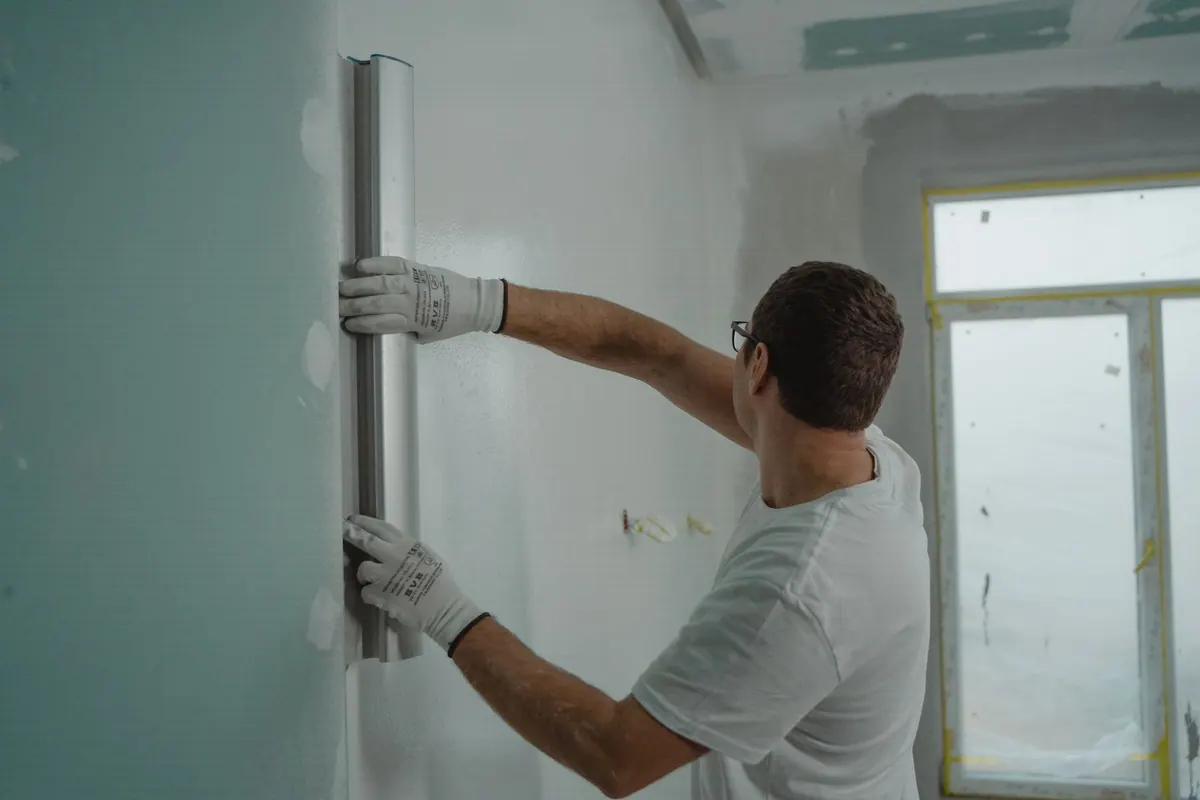 Artisan posant une plaque de plâtre dans une pièce en rénovation
