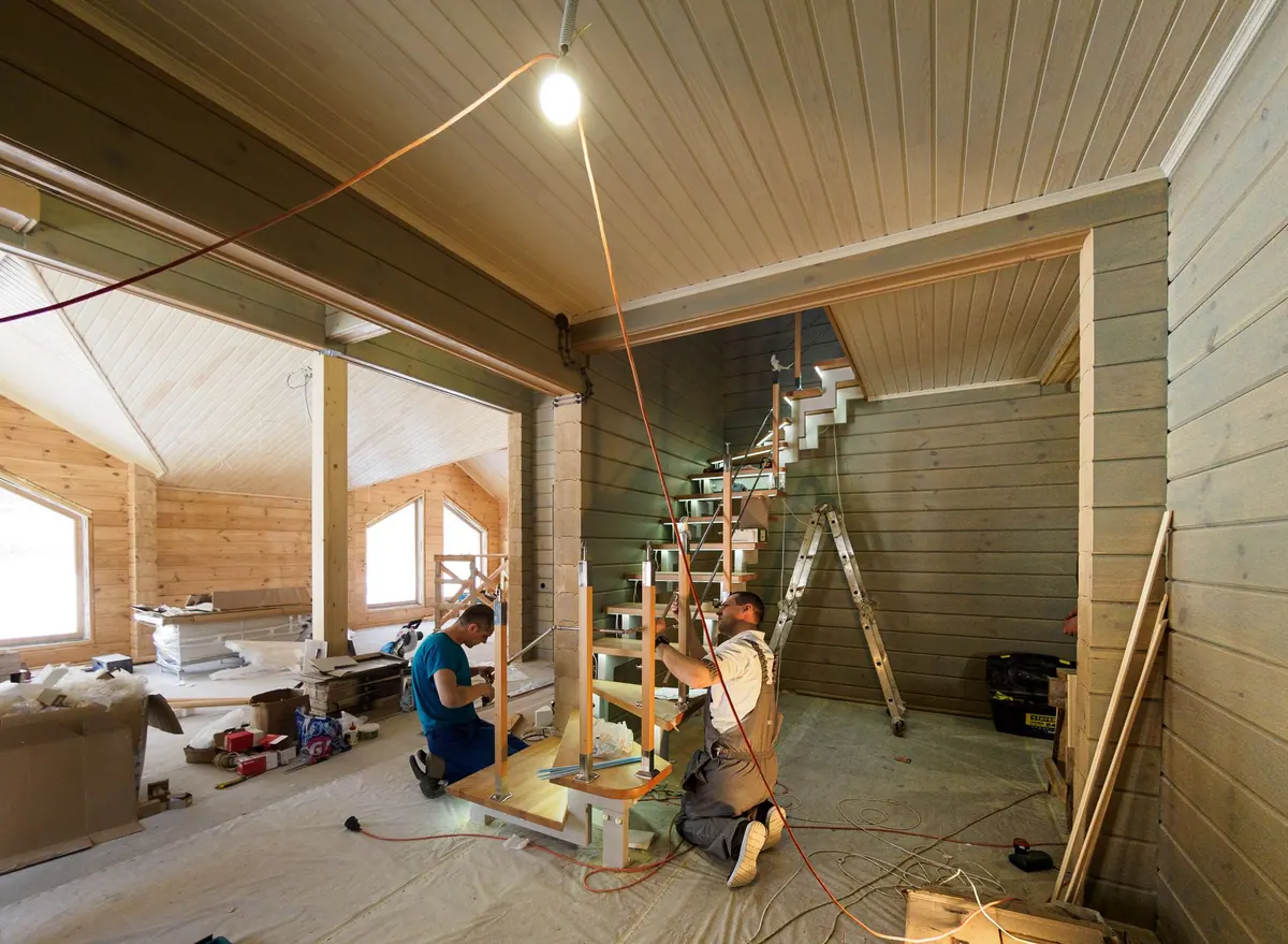 Menuisiers posant un escalier en bois dans une maison Menuisiers posant un escalier en bois dans une maison